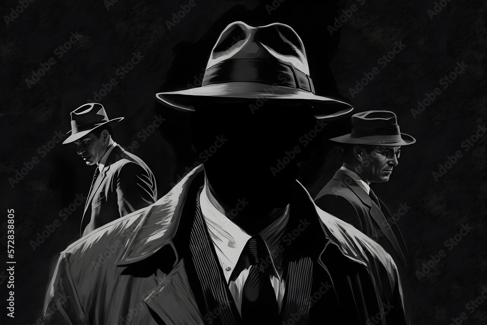 Old fashioned detective or mafia in hat on dark background, black and