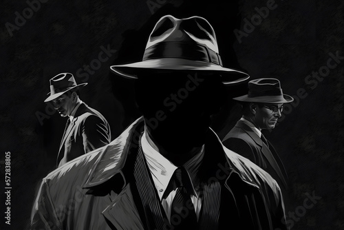Old fashioned detective or mafia in hat on dark background, black and white color. Generation AI photo