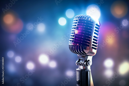 Stylish old retro microphone on colored background with bokeh. Concept karaoke and stund up comedy. Generation AI