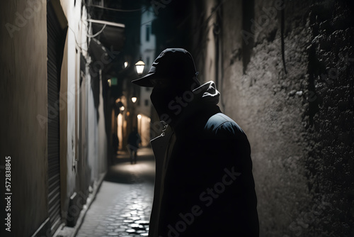 Criminal bandit watches victim in dark alley. Man is preparing to commit an attack to people. Generation AI