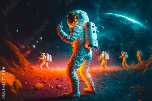futuristic astronaut standing and walking on the moon with, Generative A © Onchira
