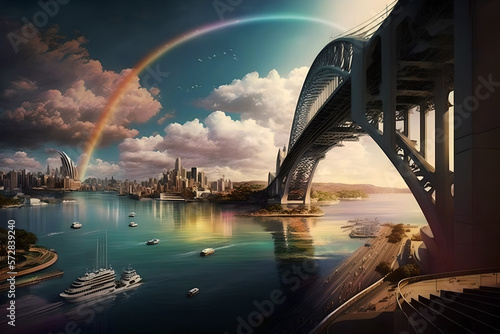 Futuristic deisng of the Sydney Harbour bridge, rainbows and colors all around, beautiful artistic vision of the iconic structure, amazing, a bit alien