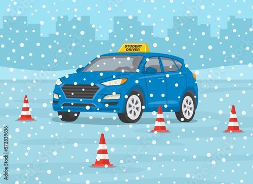 Winter time car drive practicing. Maneuver practice on the test routes. Suv car passes the driving test. Perspective front view. Flat vector illustration template.