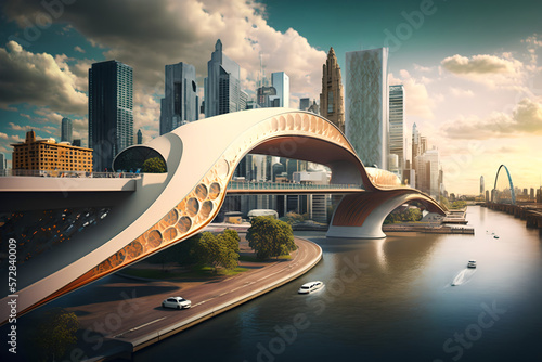 Amazing futuristic architecture of a modern city in asia, australia or the US. skyscrapers with amazing design, bridges with artistic flare, beautiful landscaped metropolis on the water, harbour photo