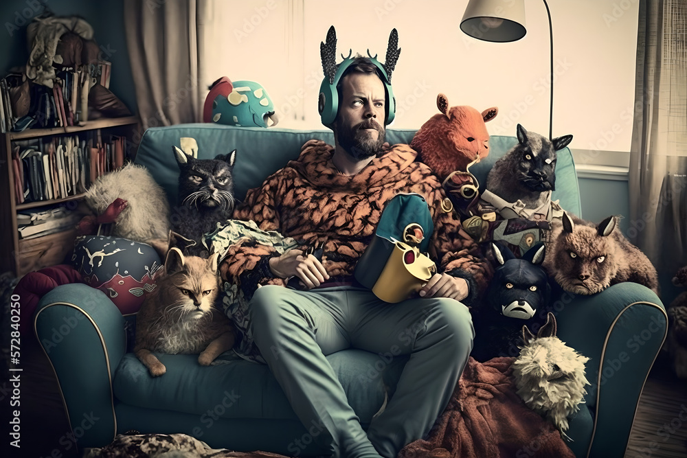 A crazy cat person man sitting on a sofa with all his feline friends