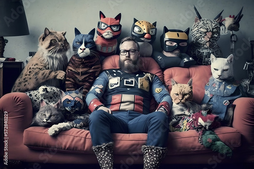 A crazy cat person man sitting on a sofa with all his feline friends, hoards of cats real and stuffed toys, geeky and not ashamed of his love and affection to animals and pets, watching TV documentry photo