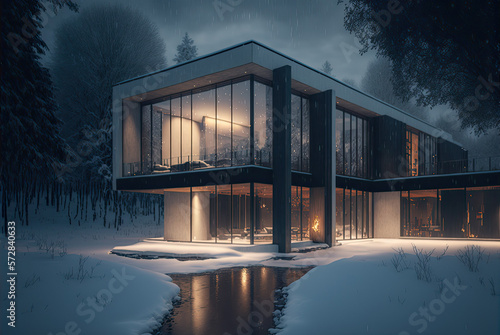 house in the snow night exterior design Generative AI