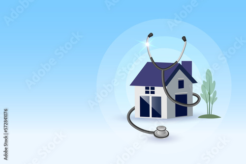 Stethoscope wraps on house. Home healthcare, home doctor and telehealth concept. Idea for people check their healthcare at home. 3D vector.