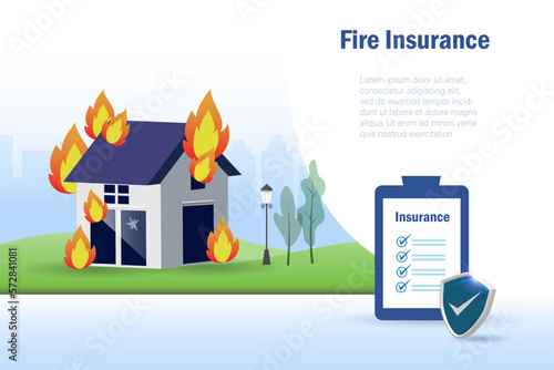Burning house on fire with fire insurance policy for protection from disaster and fire. Idea for home and property insurance. Landing page banner for website.