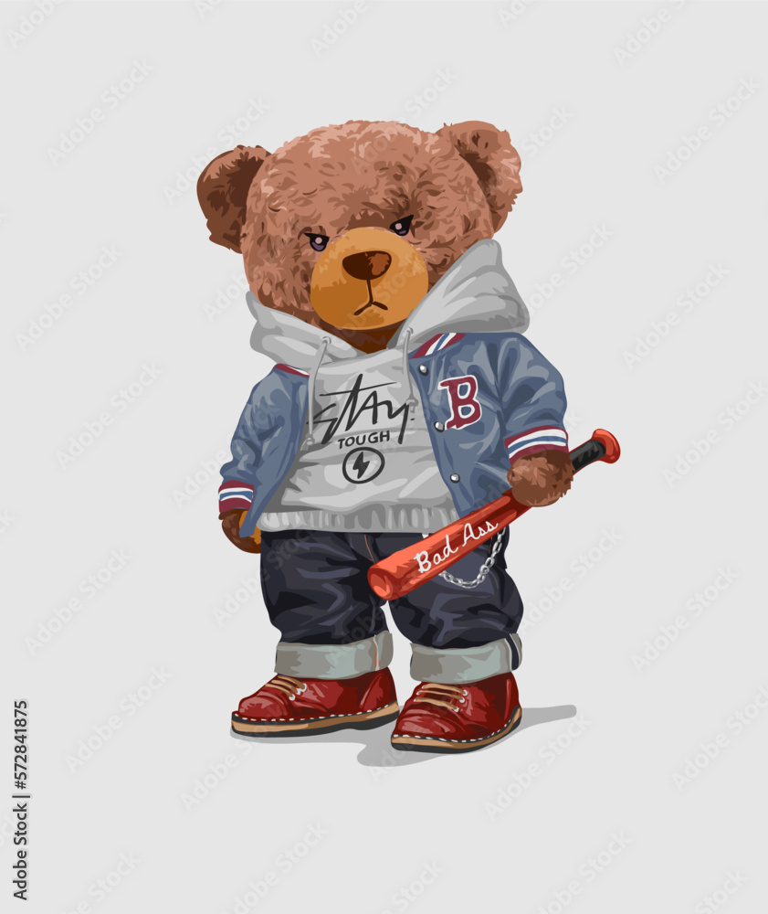 brown bear doll holding baseball bat vector illustration - obrazy, fototapety, plakaty 