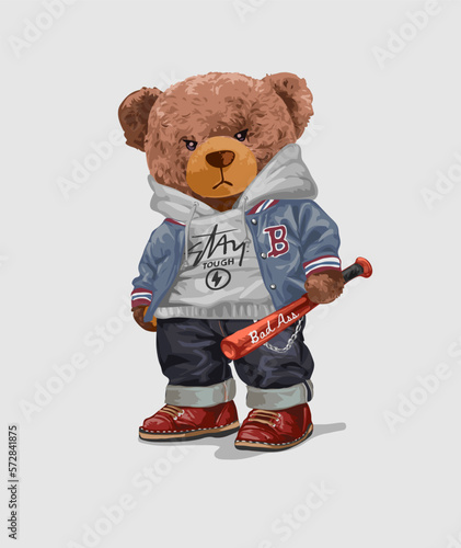 Canvastavla brown bear doll holding baseball bat vector illustration