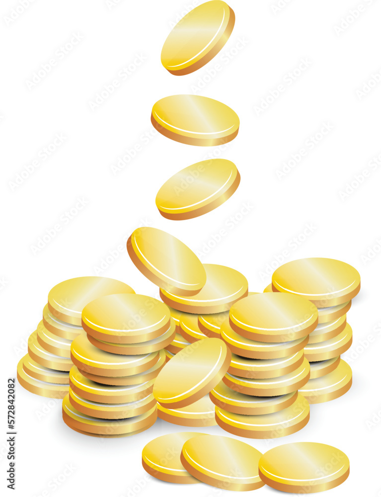 Gold coins falling 3d realistic vector coin icon with shadows Gold coins falling 3d realistic vector coin icon with shadows