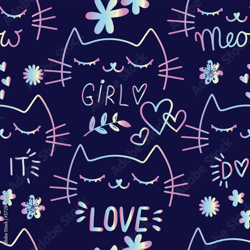 Seamless pattern with cartoon cats, and hearts and slogan. Cute texture background. Wallpaper for girls. Fashion style 