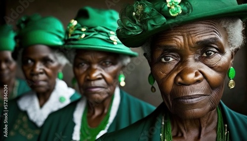 Beautiful Saint Patrick's Day Parade Celebrating Diversity Equity and Inclusion: African American Elderly Women in Festive Green Attire Celebration of Irish Culture and Happiness (generative AI)
