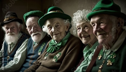 Beautiful Saint Patrick's Day Parade Celebrating Diversity Equity and Inclusion: Caucasian Elderly Men and Women in Festive Green Attire Celebration of Irish Culture and Happiness (generative AI)