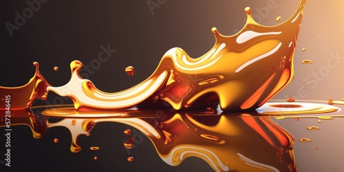 Golden honey color maple syrup splash and sticky dripping drops of rich and luxurious sweetness mixed with indulgent caramel amber flavors. Studio lighting reflective mirror surface - generative AI.