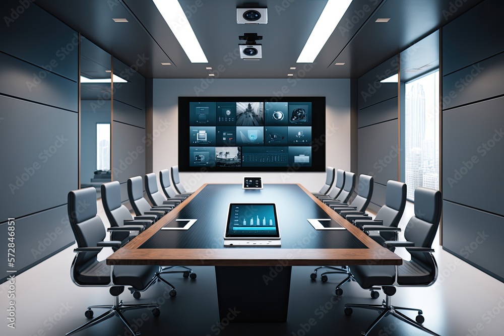 Futuristic Conference Room: A modern conference room equipped with the latest technology for business presentations and video conferencing. Generative AI - obrazy, fototapety, plakaty 