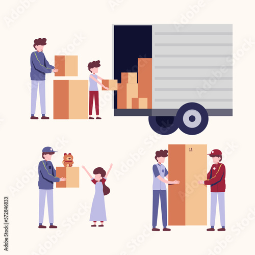 Set of people moving or leaving their homes and offices. Family pack belongings and relocating to new apartments. Transportation deliver service. Flat vector cartoon illustration isolated on white
