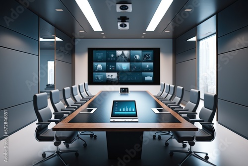 Futuristic Conference Room: A modern conference room equipped with the latest technology for business presentations and video conferencing. Generative AI