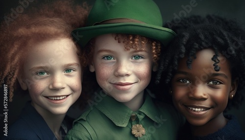Beautiful Saint Patrick's Day Parade Celebrating Diversity Equity and Inclusion: Multiracial Kids in Festive Green Attire Celebration of Irish Culture and Happiness (generative AI)