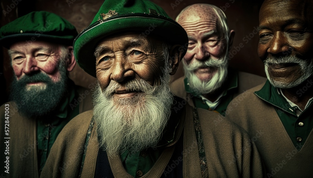 Beautiful Saint Patrick's Day Parade Celebrating Diversity Equity and Inclusion: Multiracial Elderly men in Festive Green Attire Celebration of Irish Culture and Happiness (generative AI)