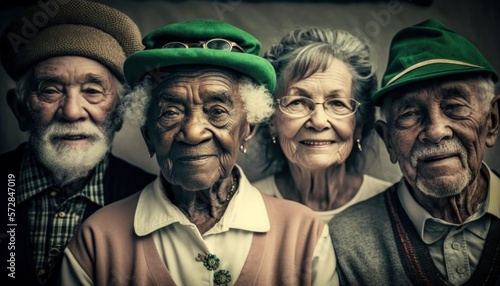 Beautiful Saint Patrick's Day Parade Celebrating Diversity Equity and Inclusion: Multiracial Elderly People in Festive Green Attire Celebration of Irish Culture and Happiness (generative AI) © Get Stock