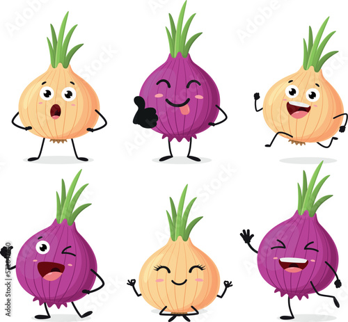 Cute red onion cartoon characters set