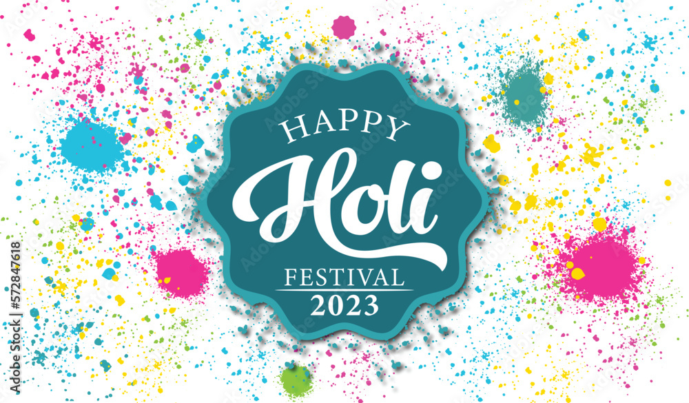 Happy Holi festival 2023, Indian hindu festival of Colours background poster banner and template design with text happy Holi,  Gulal