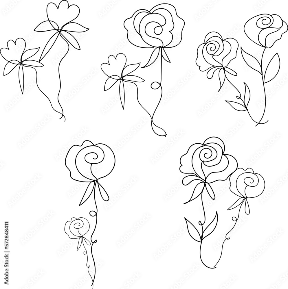 Isolated rose flower line art with leaves