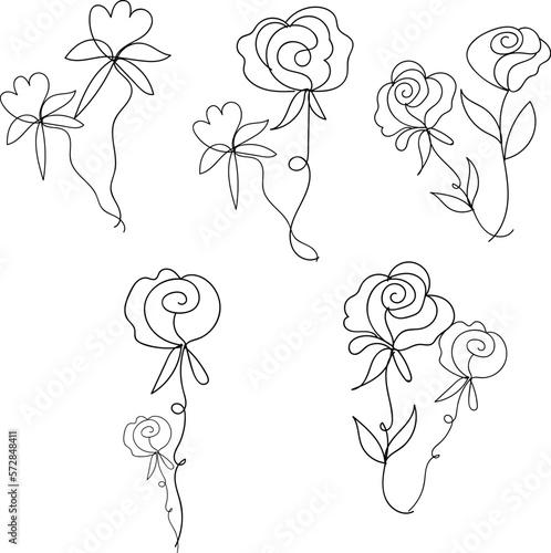 Isolated rose flower line art with leaves