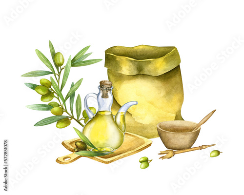 Hand drawn watercolor, oil in a jug. Olive oil natural wooden pasuda. Separate elements for the design of postcards, packaging, fabric and paper.