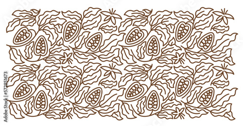Cocoa floral ornament. Chocolate pack design background element. Beans and branches leaves. Editable outline stroke. Vector line.