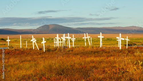 White crosses in a derelict cemetery on the tundra near Nome, Alaska