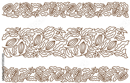 Cocoa floral line ornament. Chocolate design elements. Beans and branches leaves. Editable outline stroke. Vector line.