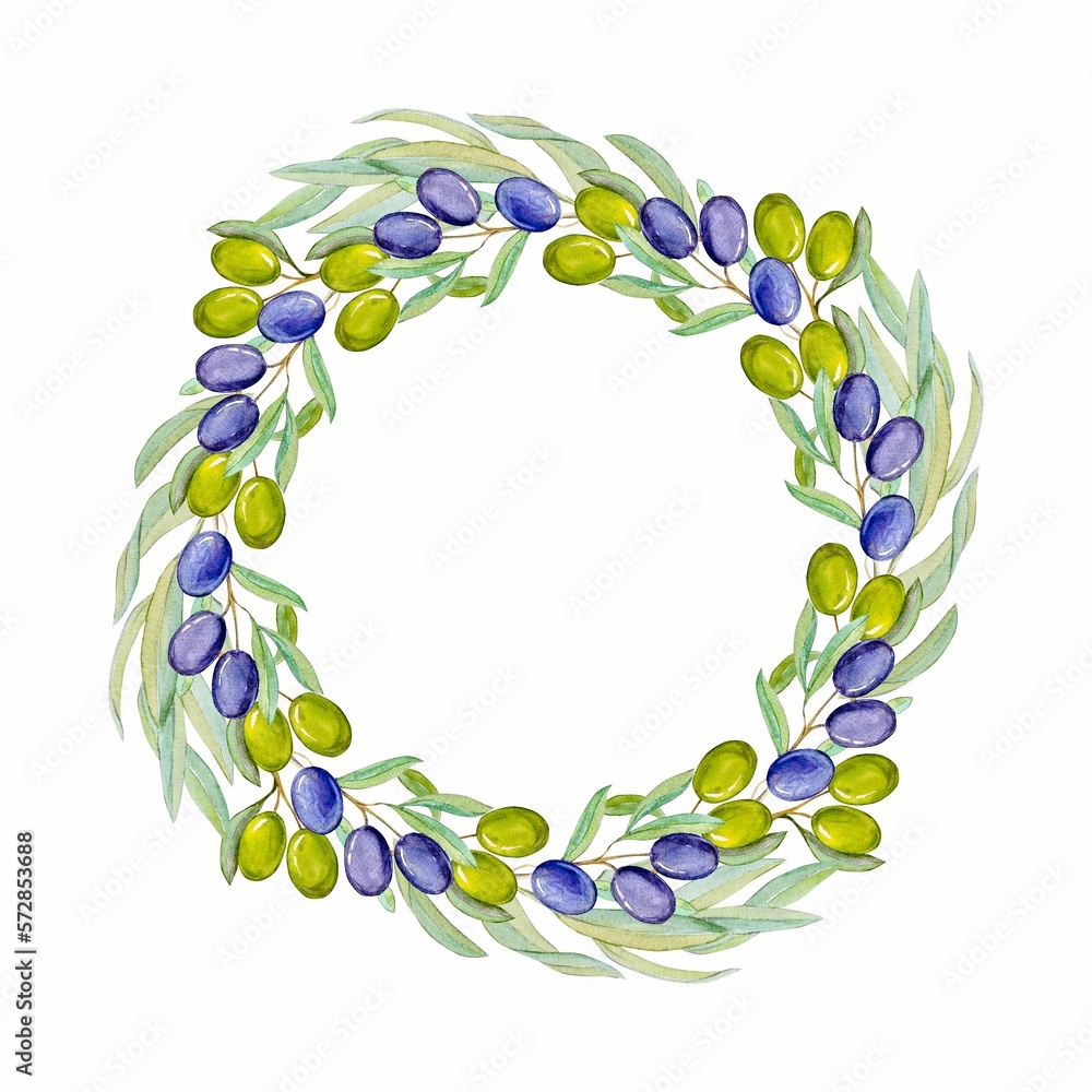 A wreath of olive branches. Watercolor image of leaves, green and black berries. Organic Mediterranean plant close-up. Botanical floral realistic decorative circle for wedding decoration, labels.