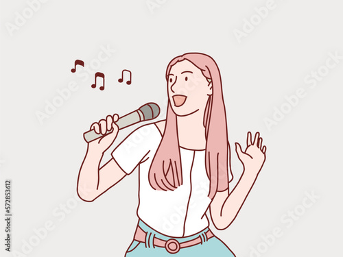 happy exited woman having fun sing a song to microphone simple korean style illustration