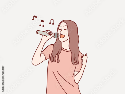 happy exited stylish young woman having fun sing a song to microphone simple korean style illustration