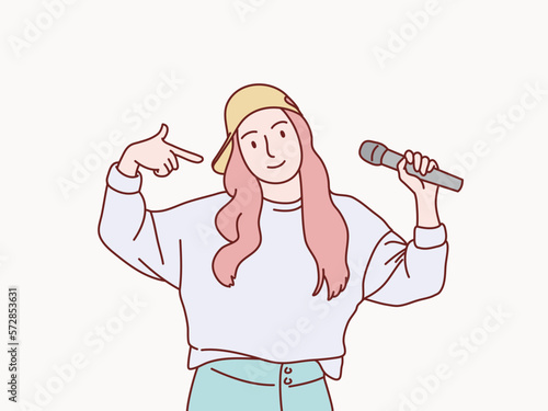 Rapper girl sing hold microphone korean illustration style