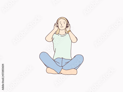 Relax cross legged woman hearing music from headphones simple korean style illustration