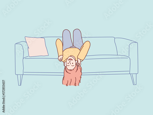 woman enjoying music with headphones sitting upside down on sofa simple korean style illustration