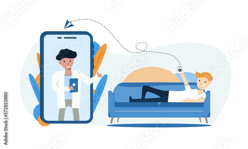 A person lying on the couch communicates with the doctor online through messages and video calls, doctor online
