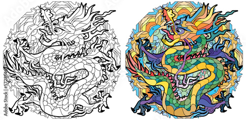 Zentangle dragon on mandala for coloring. Hand drawn decorative vector illustration. Color and outline set