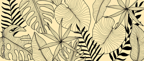 Stylish minimalistic vector tropical background with palm leaves, monstera leaves, fern for decor, covers, wallpapers