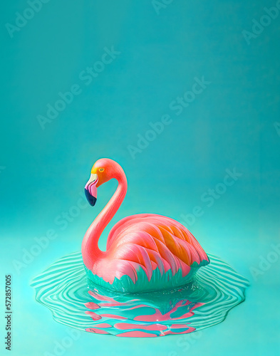 Summer concept inflatable float on the water in the pool, inflatable pink flamingo. Hot summer tropical and exotic day. Illustration. Generative AI.