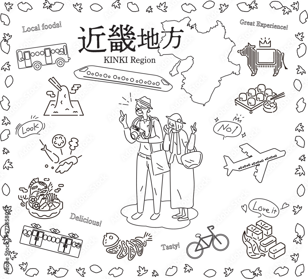 Obraz premium 日本の近畿地方の秋のグルメ観光を楽しむシニア夫婦、アイコンのセット（線画白黒）