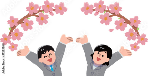 	桜と喜ぶスーツ姿の男女（手書きカラー）
