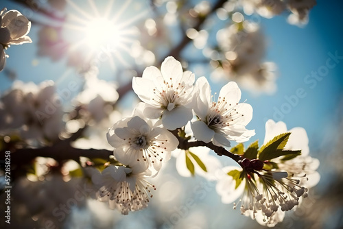 Photos Spring Blooming - White Blossoms And Sunlight In The Sky  Photography made with Generative AI