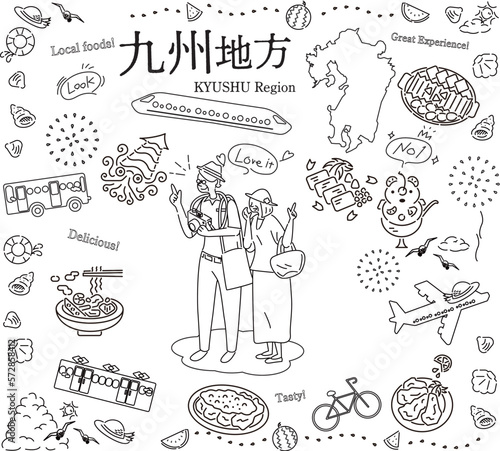 日本の九州地方の夏のグルメ観光を楽しむシニア夫婦、アイコンのセット（線画白黒）