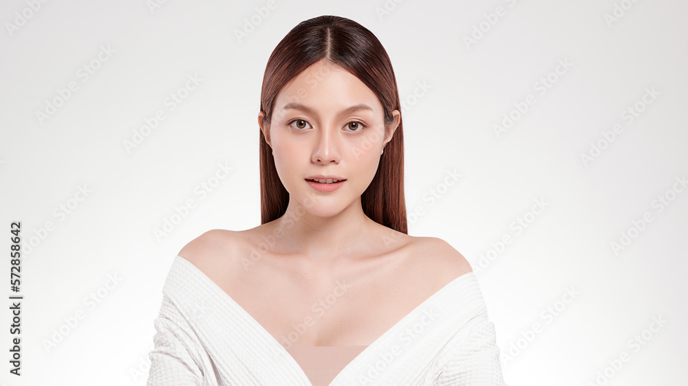 Beautiful young asian woman with clean fresh skin on white background, Face care, Facial treatment, Cosmetology, beauty and spa, Asian women portrait.