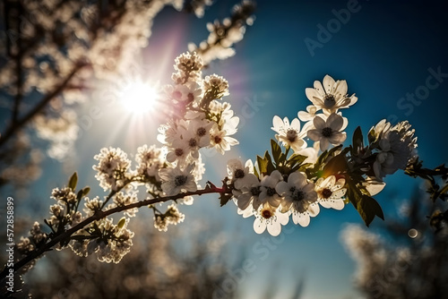 Photos Spring Blooming - White Blossoms And Sunlight In The Sky, Photography made with Generative AI